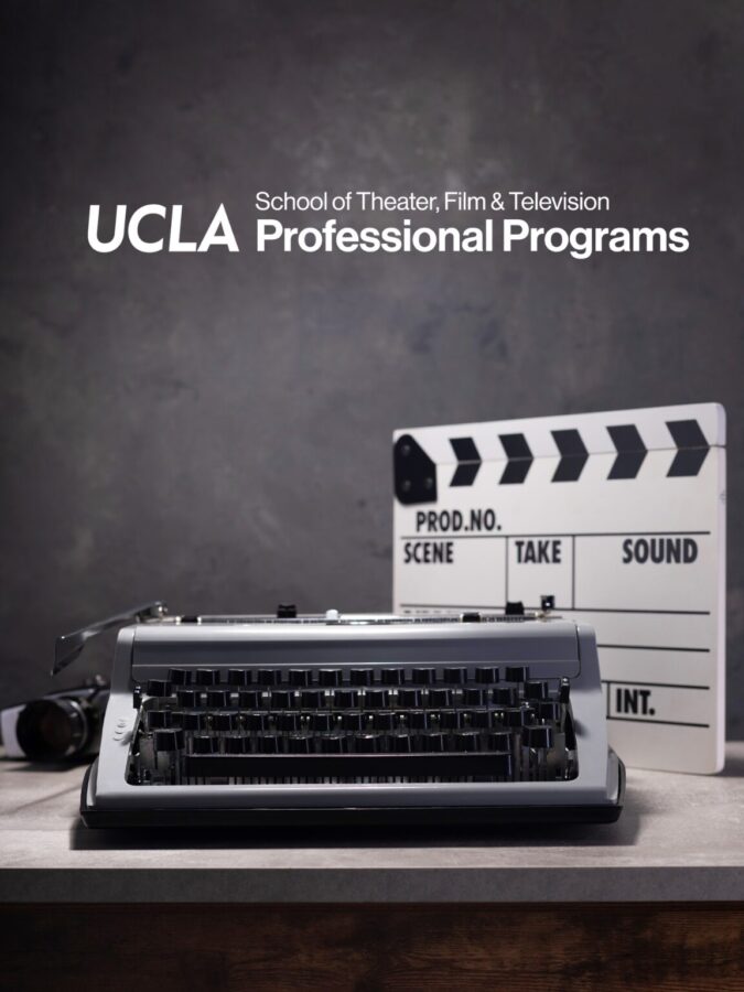UCLA School of Theater, Film and Television Professional Programs logo above a vintage typewriter and film clapperboard on a desk