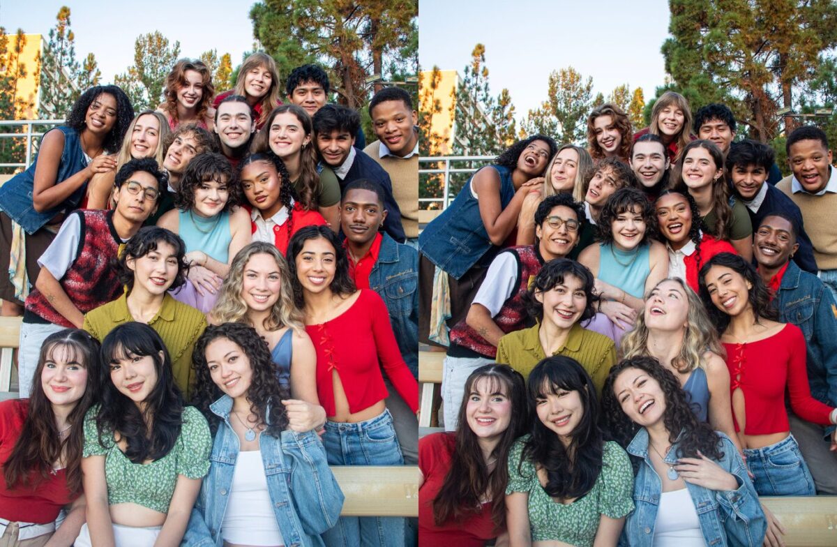 A collage of two side-by-side group images of the 2026 UCLA Theater acting outside on the steps of the UCLA Sculpture Garden