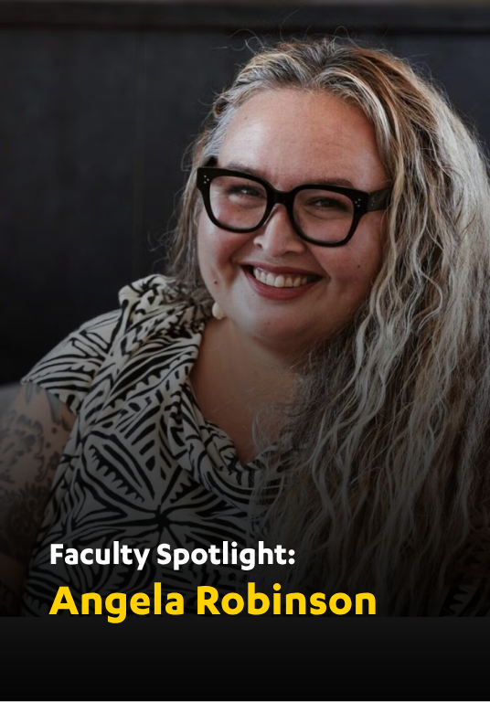 A woman with light hair and glasses smiles at the camera. There is a black overlay at the bottom of the photo with text that reads Faculty Spotlight: Angela Robinson
