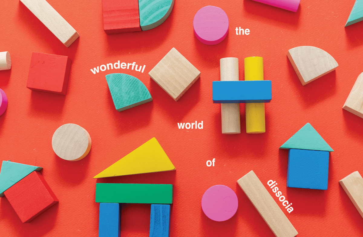 Colorful children's blocks lay on an orange background. White text reads The Wonderful World of Dissocia