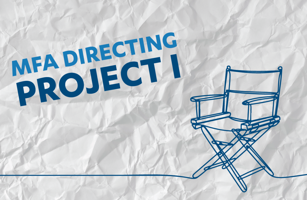 Blue text that reads MFA Directing Project 1 sits above a lineart style drawing of a director's chair on a background of crumpled paper.