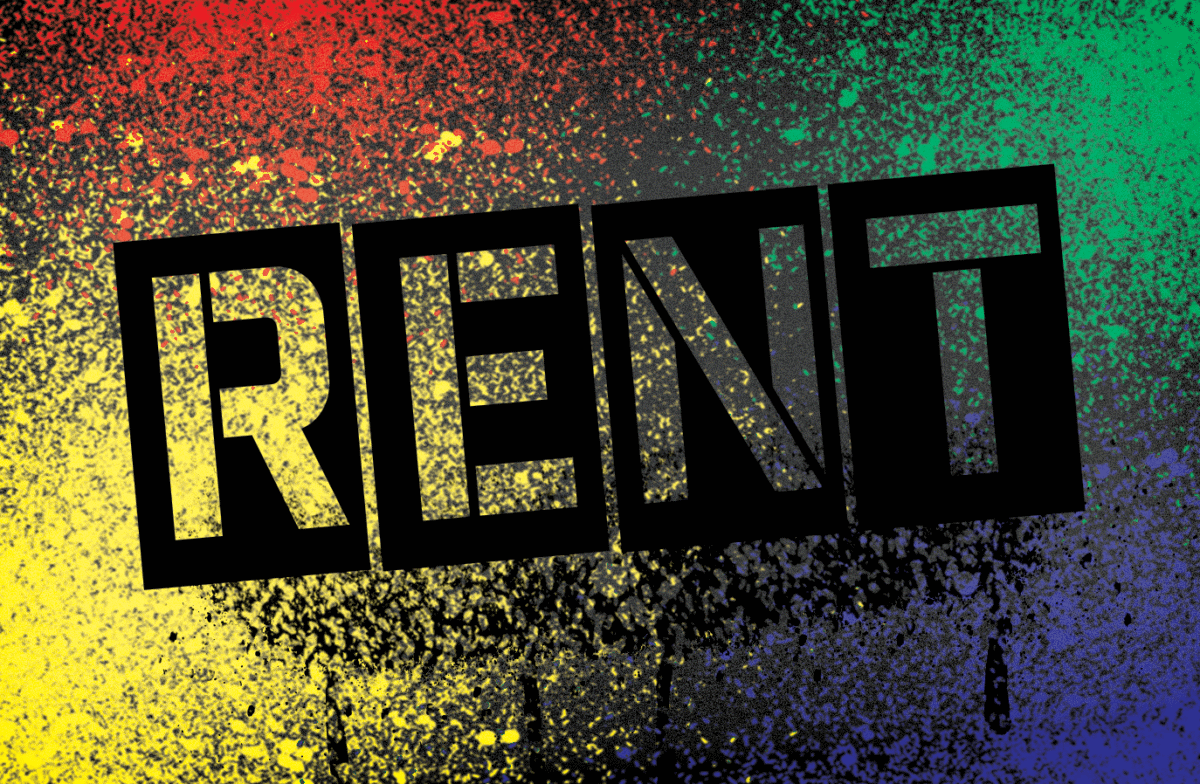 RENT is in black, stenciled text over a spray painted red, green, yellow and blue background