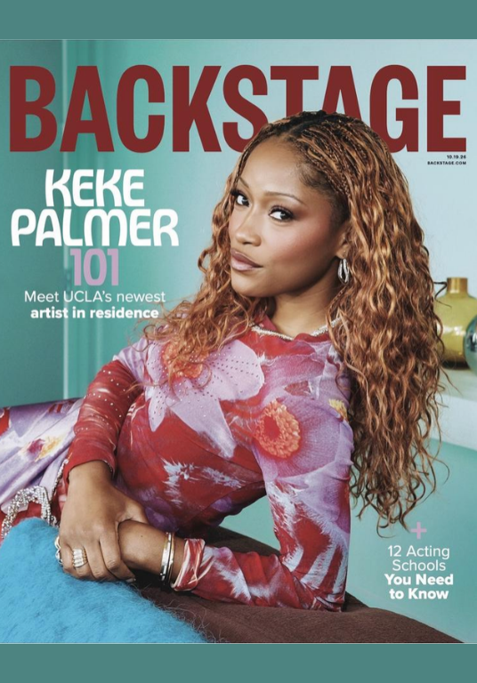 Keke Palmer on the cover of Backstage Magazine, posed in a red and pink top against a turquoise background.